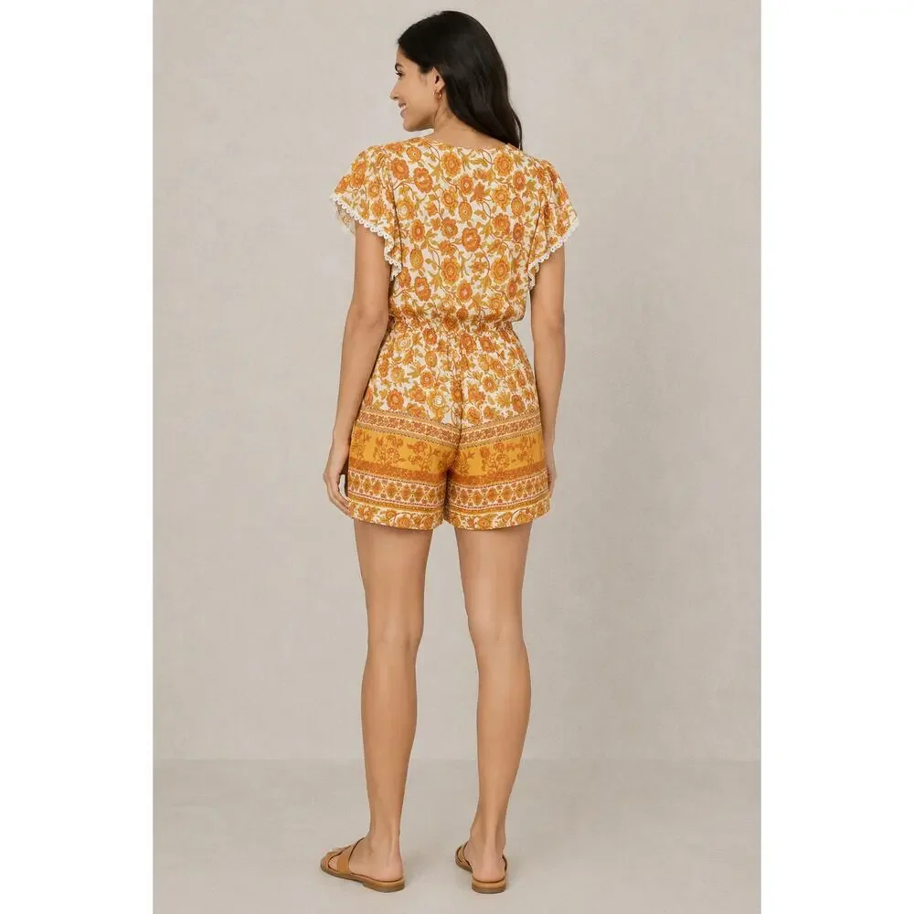 Entro Womens Orange Gold Floral Playsuit Romper Elastic Waist Size Small NWT